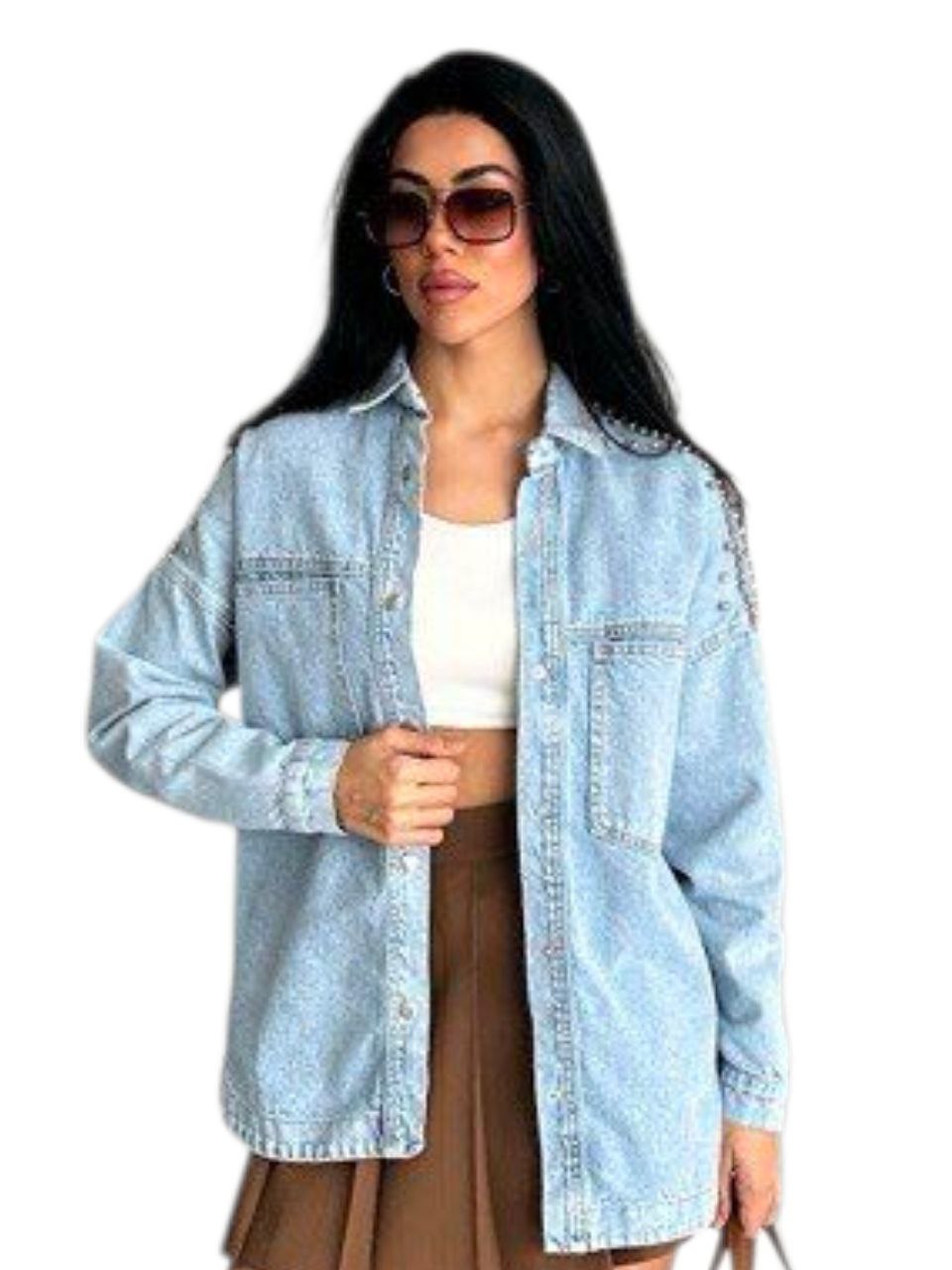 NIKOONOVA Women’s Rhinestone Denim Jacket – Oversized Crystal Embellished Jean Coat-Light Blue (CODE:1015)