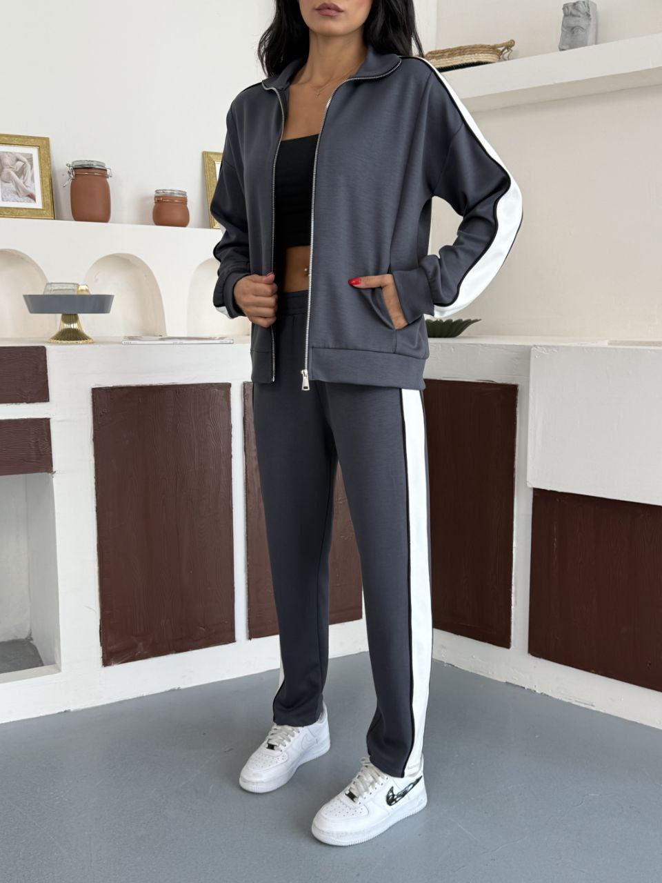 NIKOONOVA Women’s Dark Gray Zip Tracksuit | Code 5025 | Premium Cotton Co-ord Set