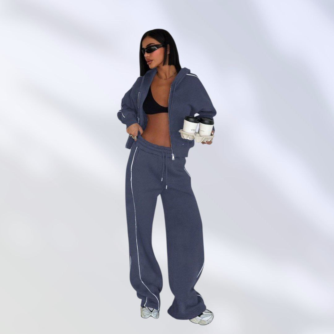 NIKOONOVA Women's Zip-Up Hoodie Tracksuit Set- CODE:5023- Soft Cotton Loungewear in Black & Charcoal Grey