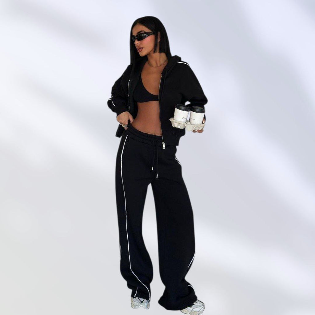 NIKOONOVA Women's Zip-Up Hoodie Tracksuit Set- CODE:5023- Soft Cotton Loungewear in Black & Charcoal Grey