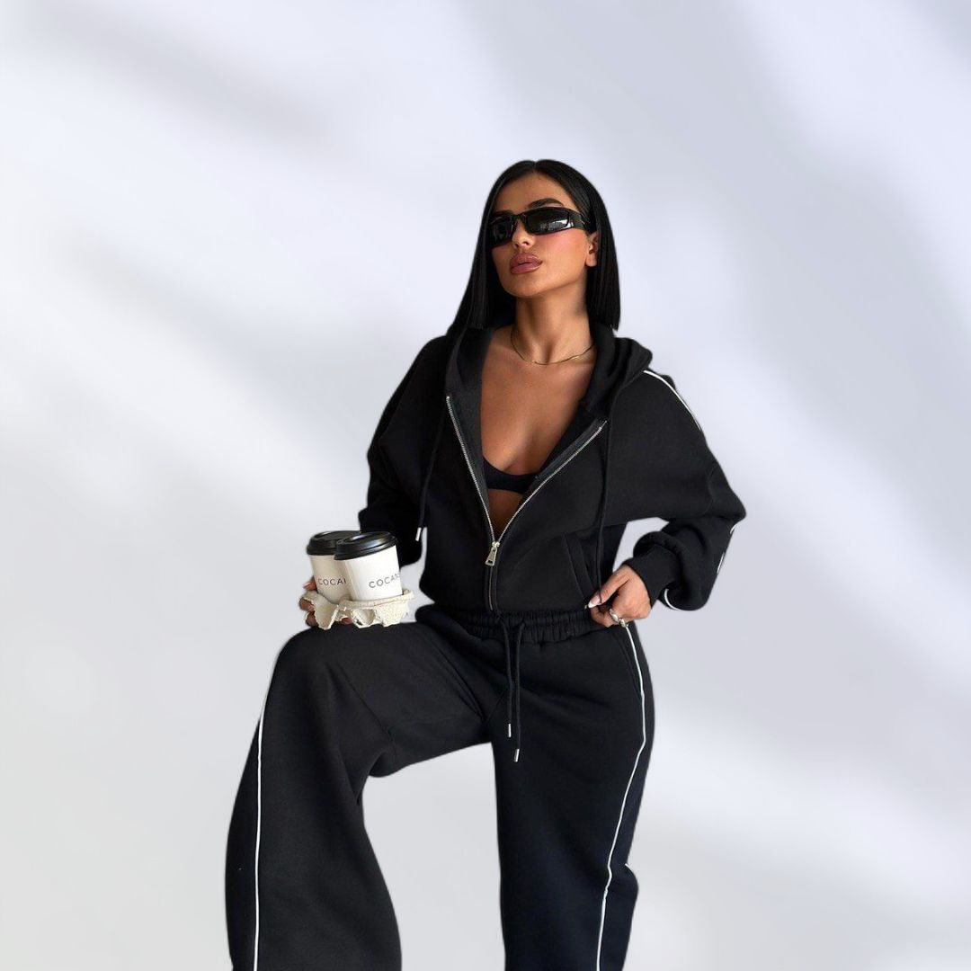 NIKOONOVA Women's Zip-Up Hoodie Tracksuit Set- CODE:5023- Soft Cotton Loungewear in Black & Charcoal Grey