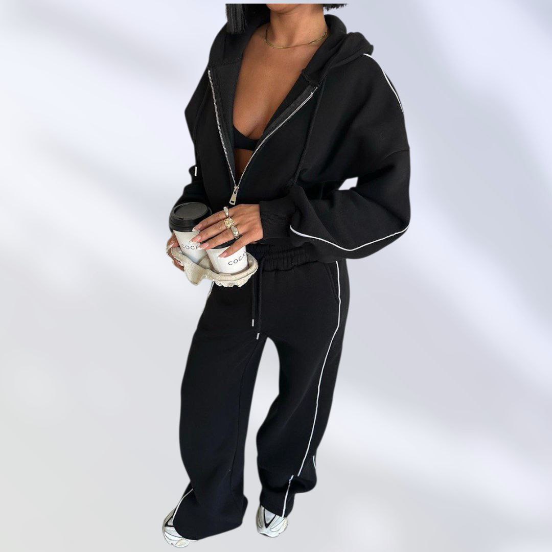 NIKOONOVA Women's Zip-Up Hoodie Tracksuit Set- CODE:5023- Soft Cotton Loungewear in Black & Charcoal Grey