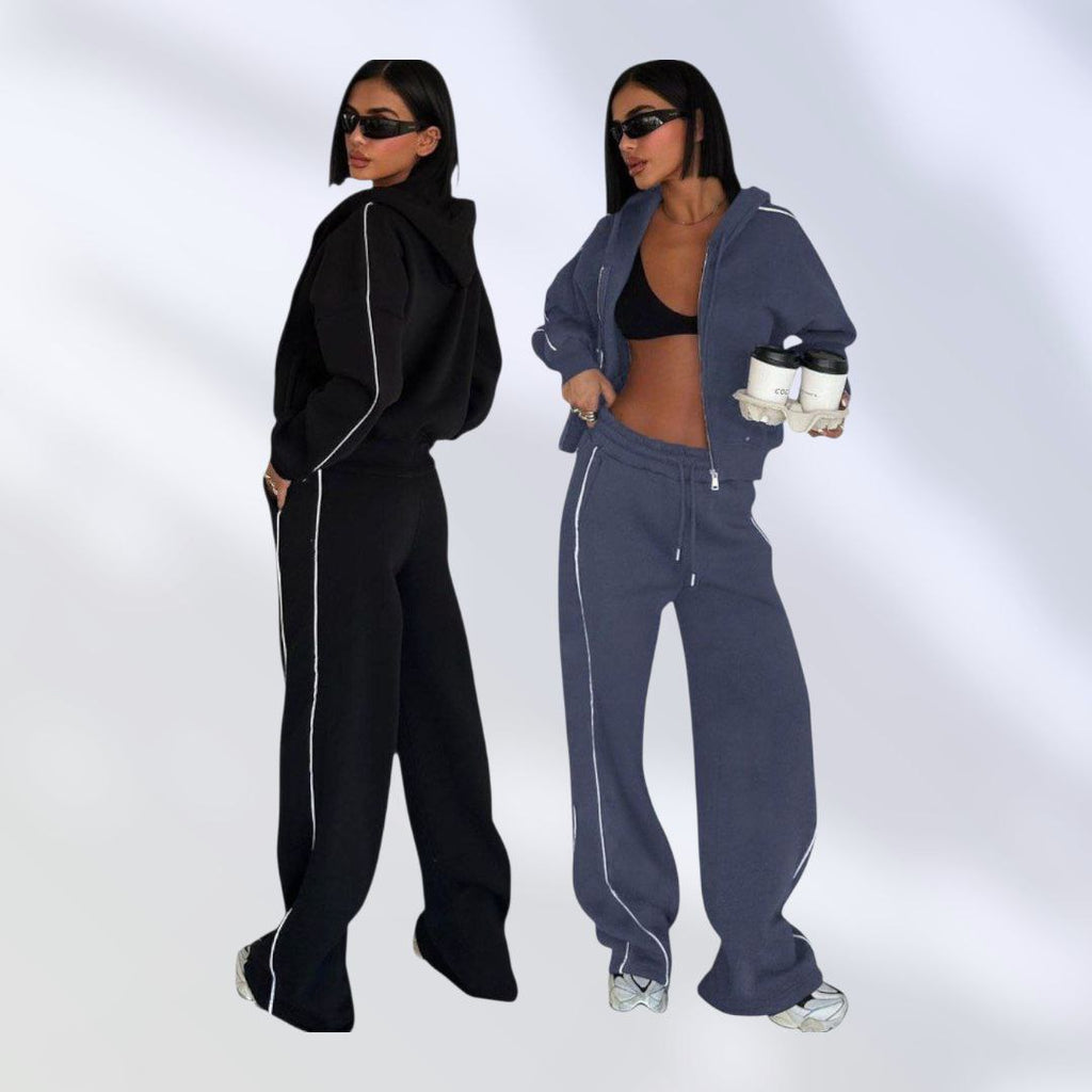 NIKOONOVA Women's Zip-Up Hoodie Tracksuit Set- CODE:5023- Soft Cotton Loungewear in Black & Charcoal Grey