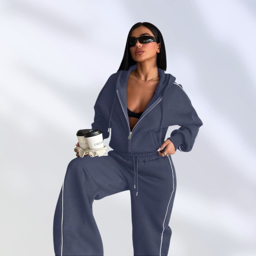 NIKOONOVA Women's Zip-Up Hoodie Tracksuit Set- CODE:5023- Soft Cotton Loungewear in Black & Charcoal Grey