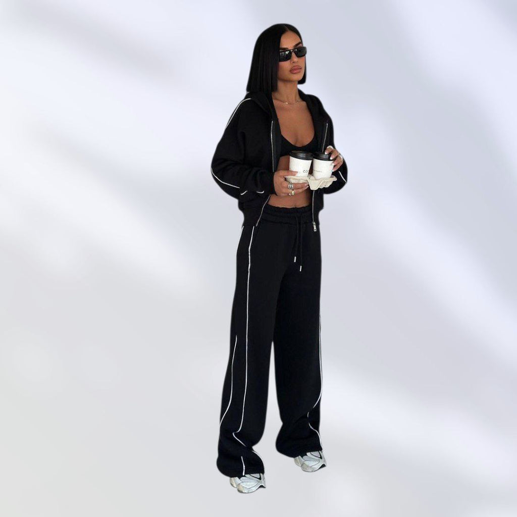 NIKOONOVA Women's Zip-Up Hoodie Tracksuit Set- CODE:5023- Soft Cotton Loungewear in Black & Charcoal Grey