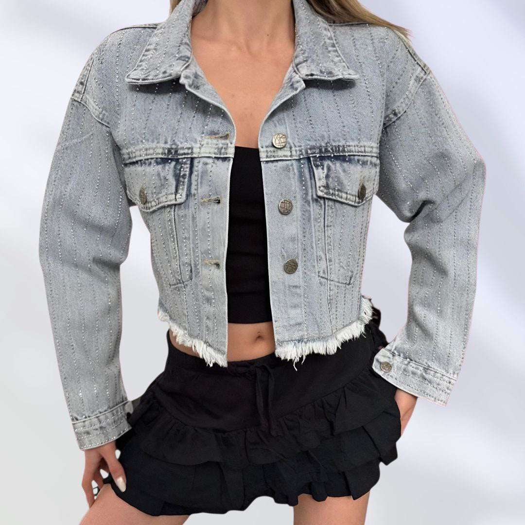 NIKOONOVA Women’s Rhinestone Cropped Denim Jacket – Sparkly Light Blue Long Sleeve Coat CODE 1019