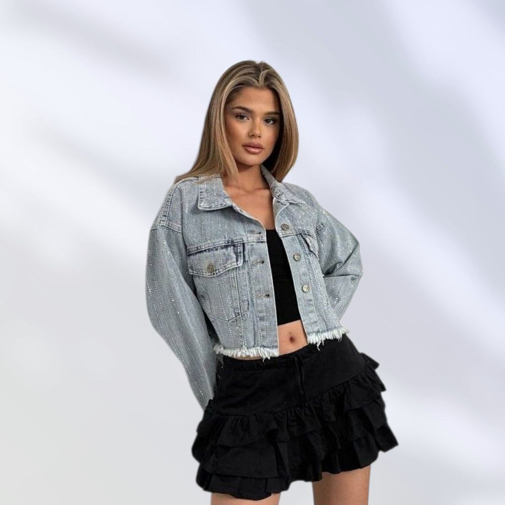 NIKOONOVA Women’s Rhinestone Cropped Denim Jacket – Sparkly Light Blue Long Sleeve Coat CODE 1019