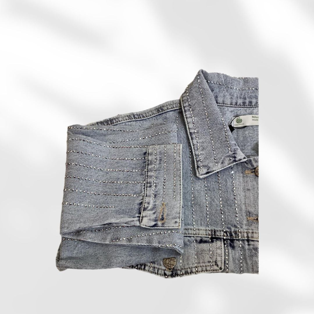 NIKOONOVA Women’s Rhinestone Cropped Denim Jacket – Sparkly Light Blue Long Sleeve Coat CODE 1019