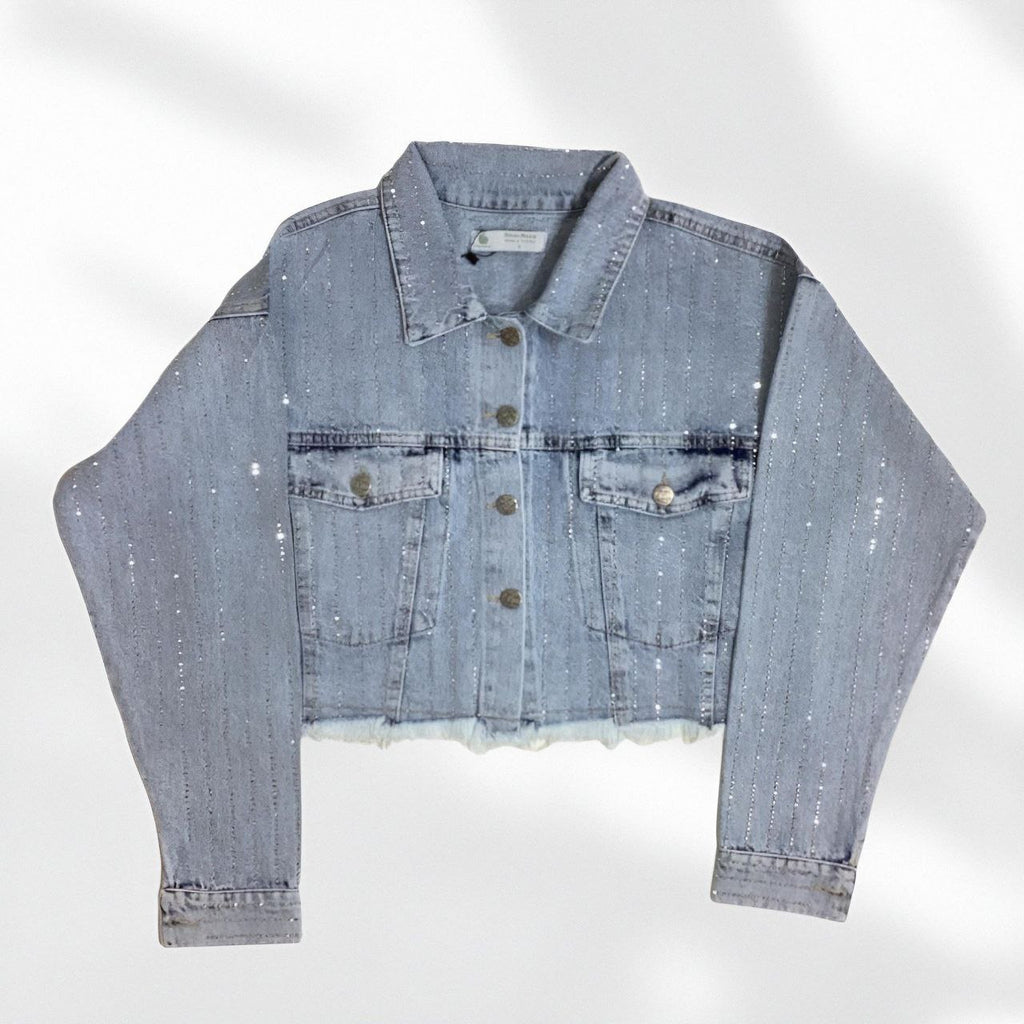 NIKOONOVA Women’s Rhinestone Cropped Denim Jacket – Sparkly Light Blue Long Sleeve Coat CODE 1019