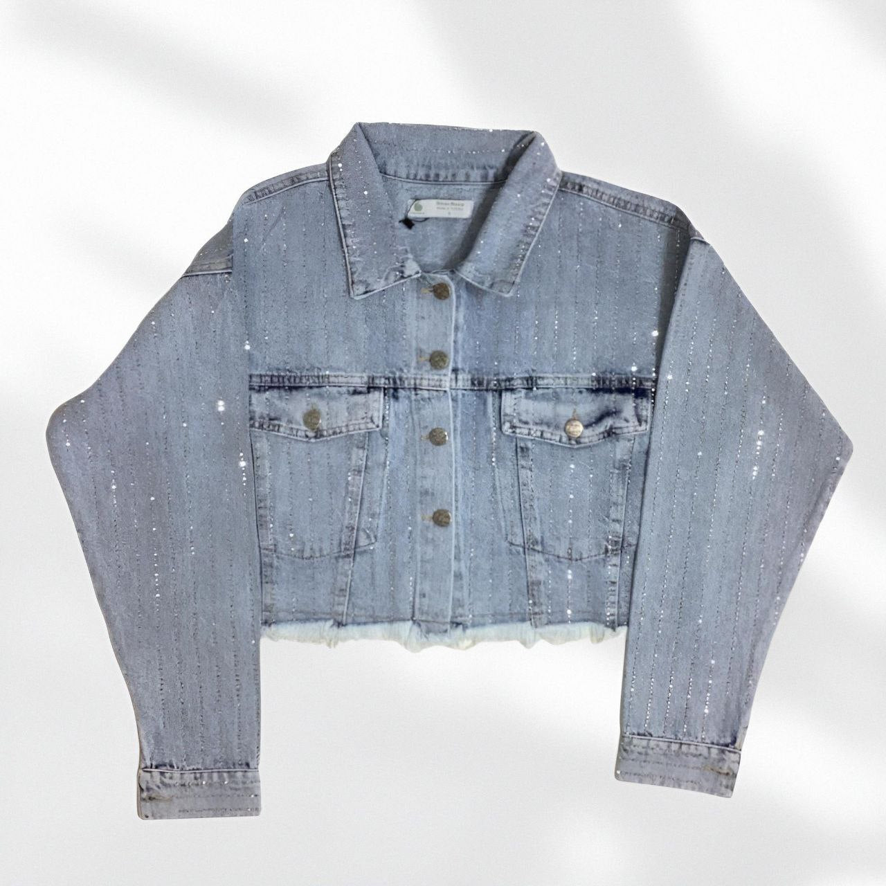 NIKOONOVA Women’s Rhinestone Cropped Denim Jacket – Sparkly Light Blue Long Sleeve Coat CODE 1019