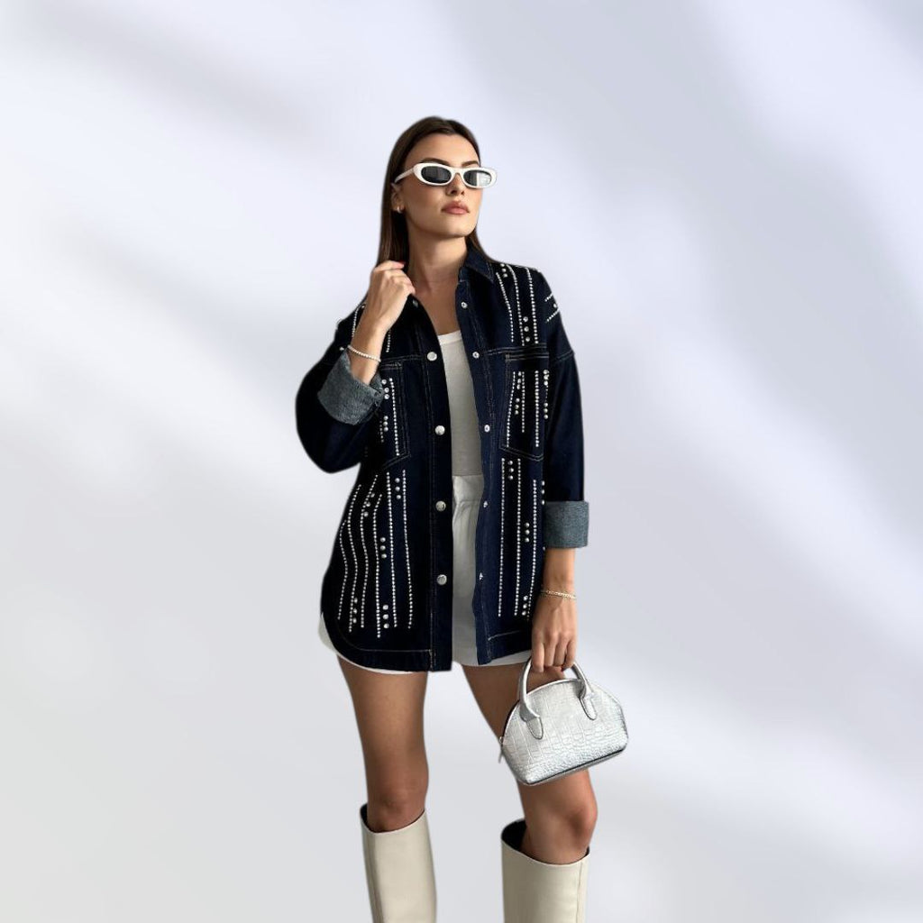 NIKOONOVA Women’s Rhinestone Denim Jacket – Oversized Crystal Embellished Jean Coat ( CODE:1017)