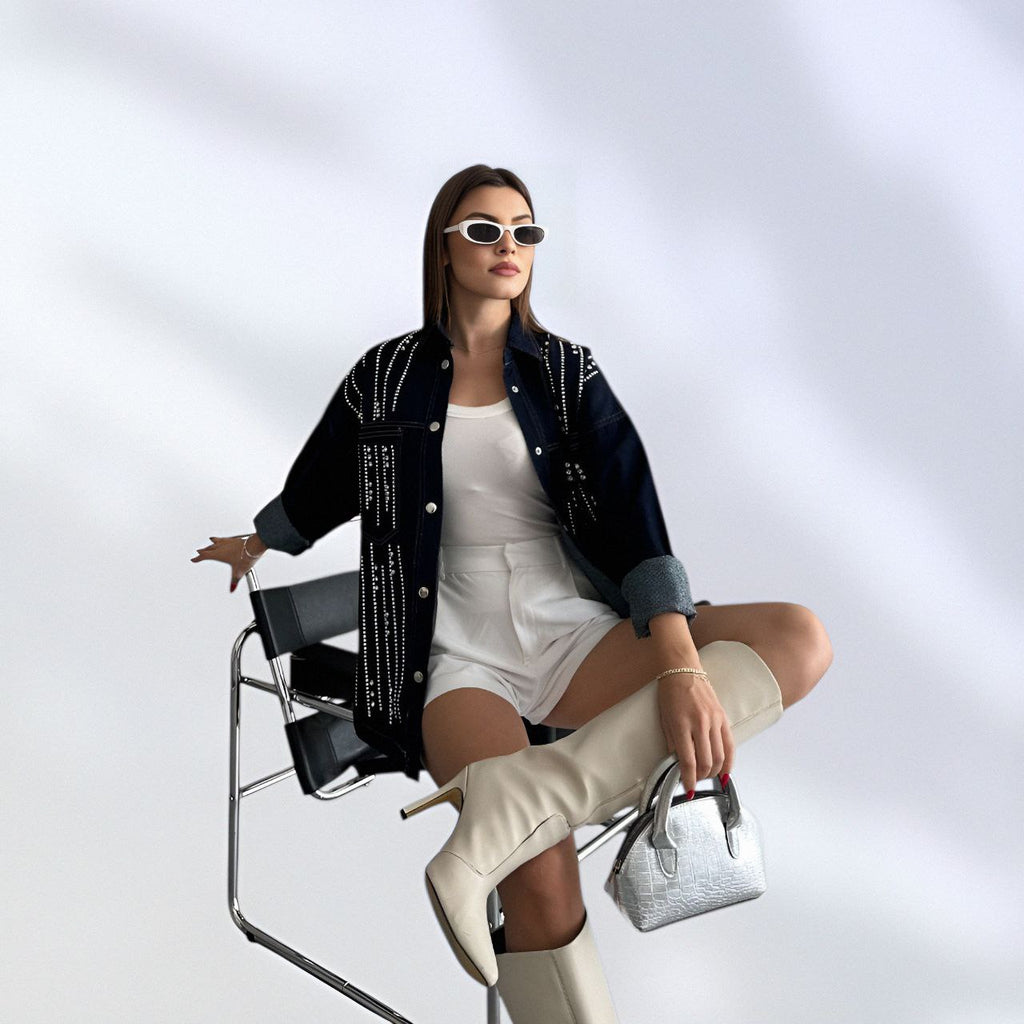 NIKOONOVA Women’s Rhinestone Denim Jacket – Oversized Crystal Embellished Jean Coat ( CODE:1017)