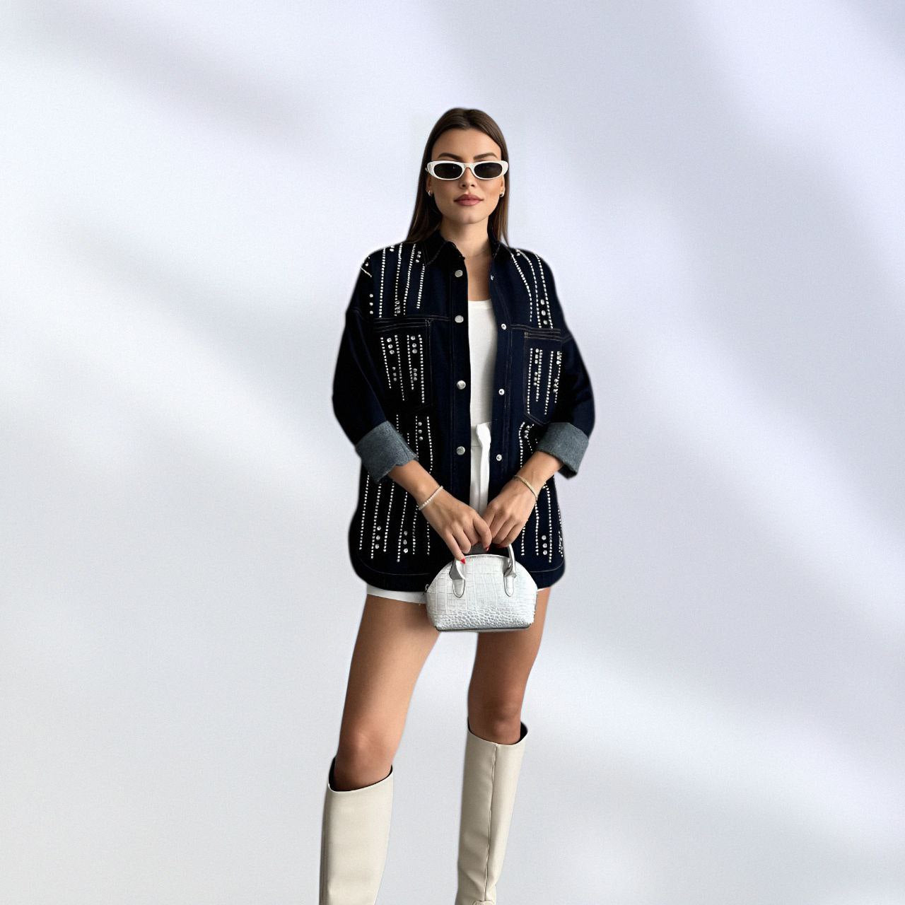 NIKOONOVA Women’s Rhinestone Denim Jacket – Oversized Crystal Embellished Jean Coat ( CODE:1017)