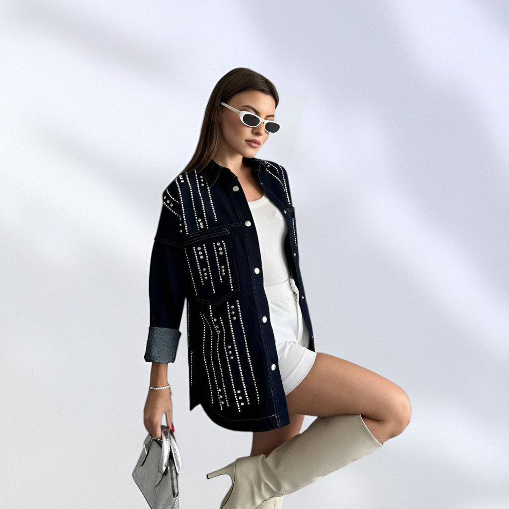 NIKOONOVA Women’s Rhinestone Denim Jacket – Oversized Crystal Embellished Jean Coat ( CODE:1017)