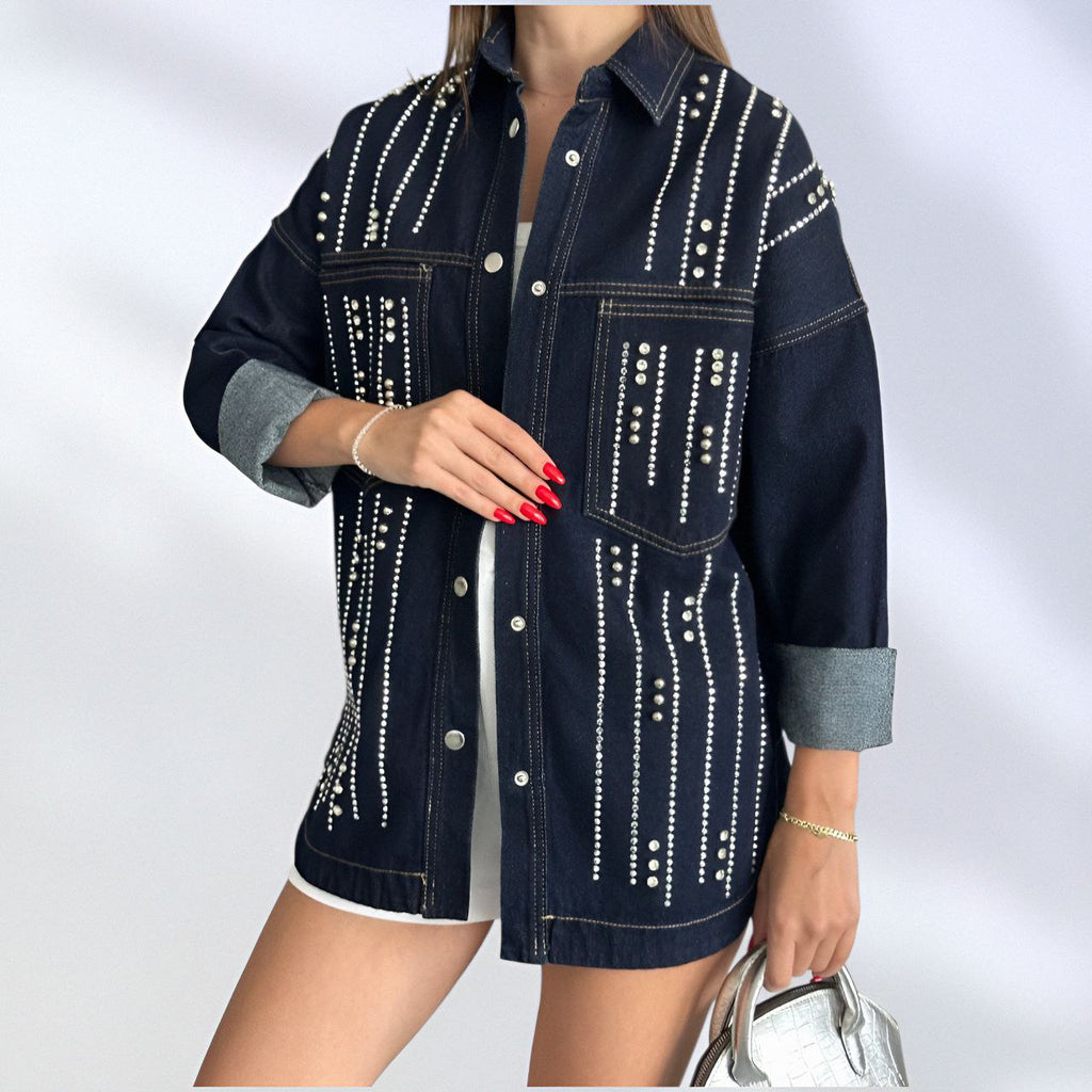 NIKOONOVA Women’s Rhinestone Denim Jacket – Oversized Crystal Embellished Jean Coat ( CODE:1017)