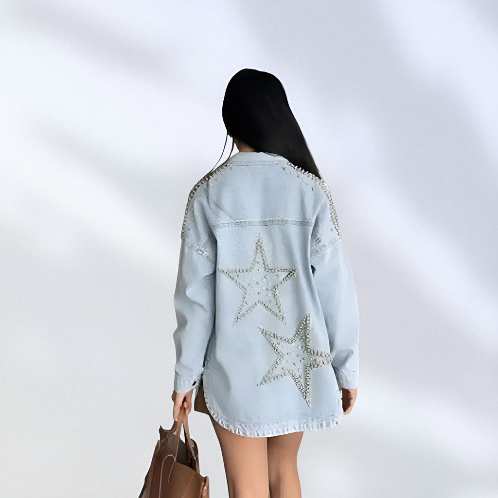 NIKOONOVA Women’s Rhinestone Denim Jacket – Oversized Crystal Embellished Jean Coat-Light Blue (CODE:1015)