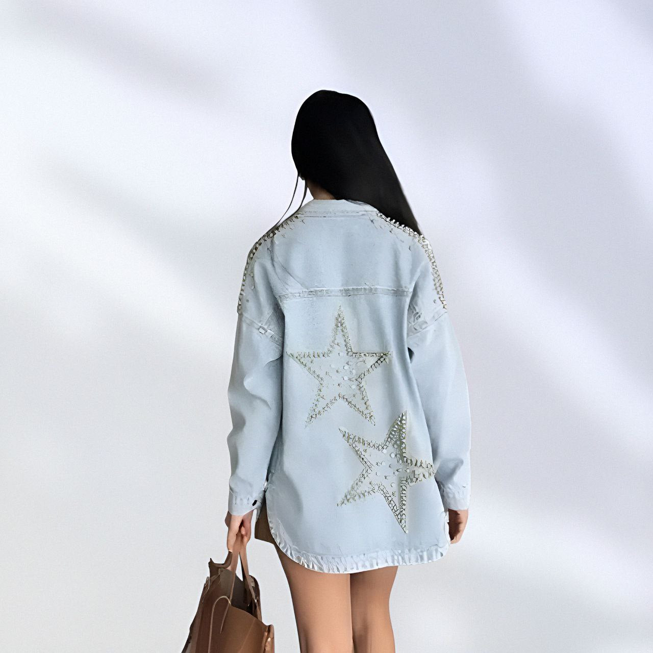 NIKOONOVA Women’s Rhinestone Denim Jacket – Oversized Crystal Embellished Jean Coat-Light Blue (CODE:1015)