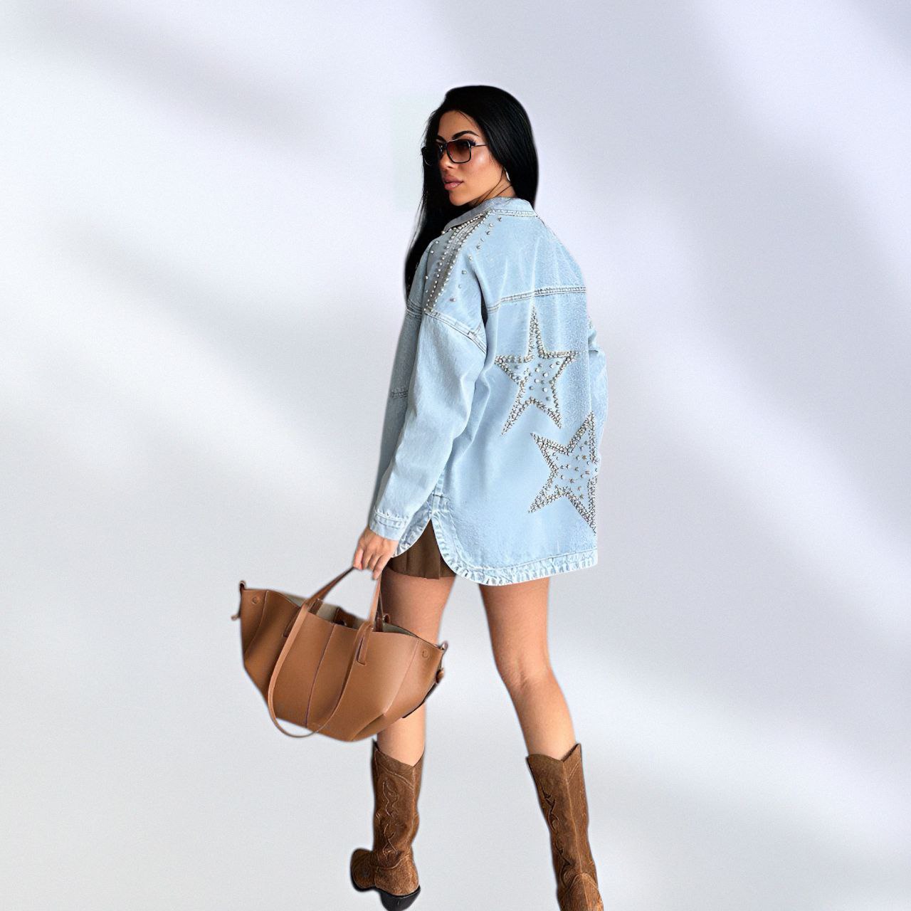 NIKOONOVA Women’s Rhinestone Denim Jacket – Oversized Crystal Embellished Jean Coat-Light Blue (CODE:1015)