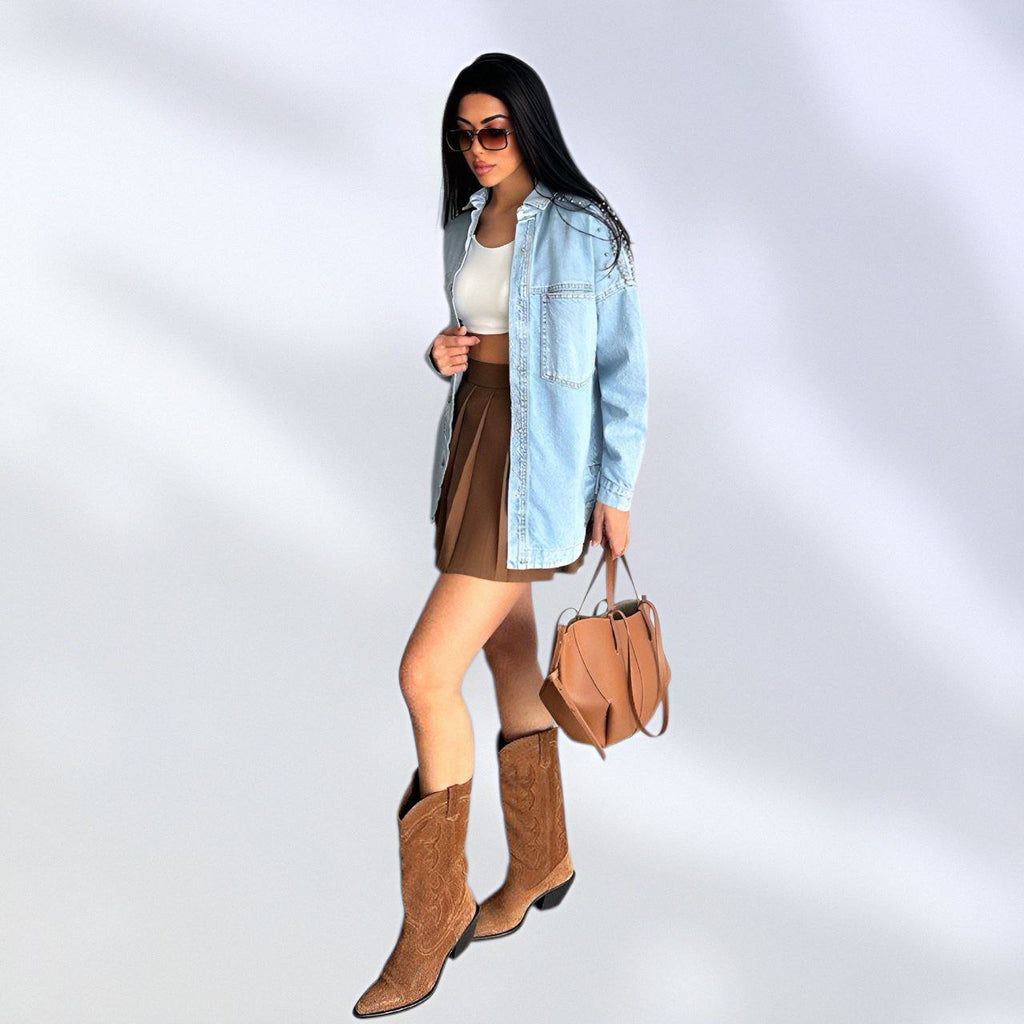 NIKOONOVA Women’s Rhinestone Denim Jacket – Oversized Crystal Embellished Jean Coat-Light Blue (CODE:1015)