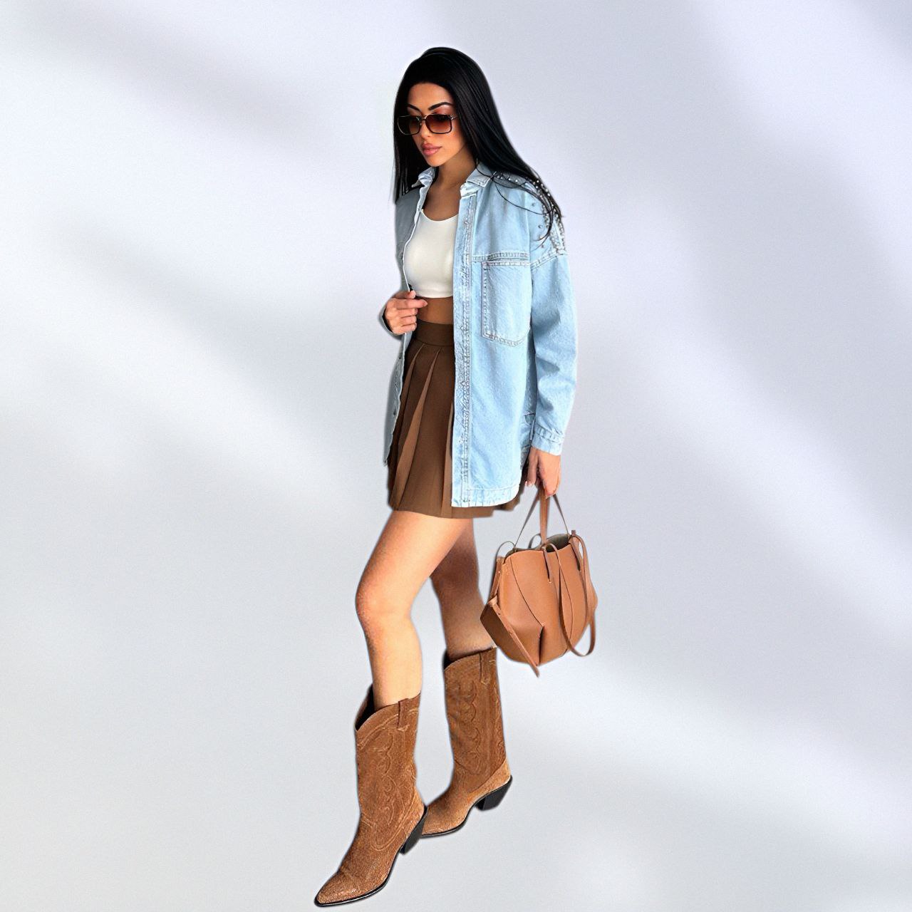 NIKOONOVA Women’s Rhinestone Denim Jacket – Oversized Crystal Embellished Jean Coat-Light Blue (CODE:1015)