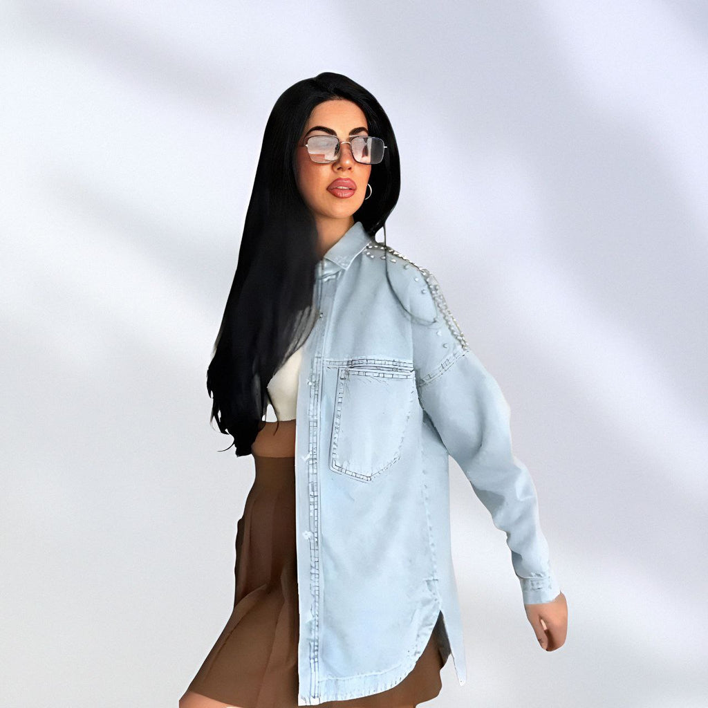 NIKOONOVA Women’s Rhinestone Denim Jacket – Oversized Crystal Embellished Jean Coat-Light Blue (CODE:1015)