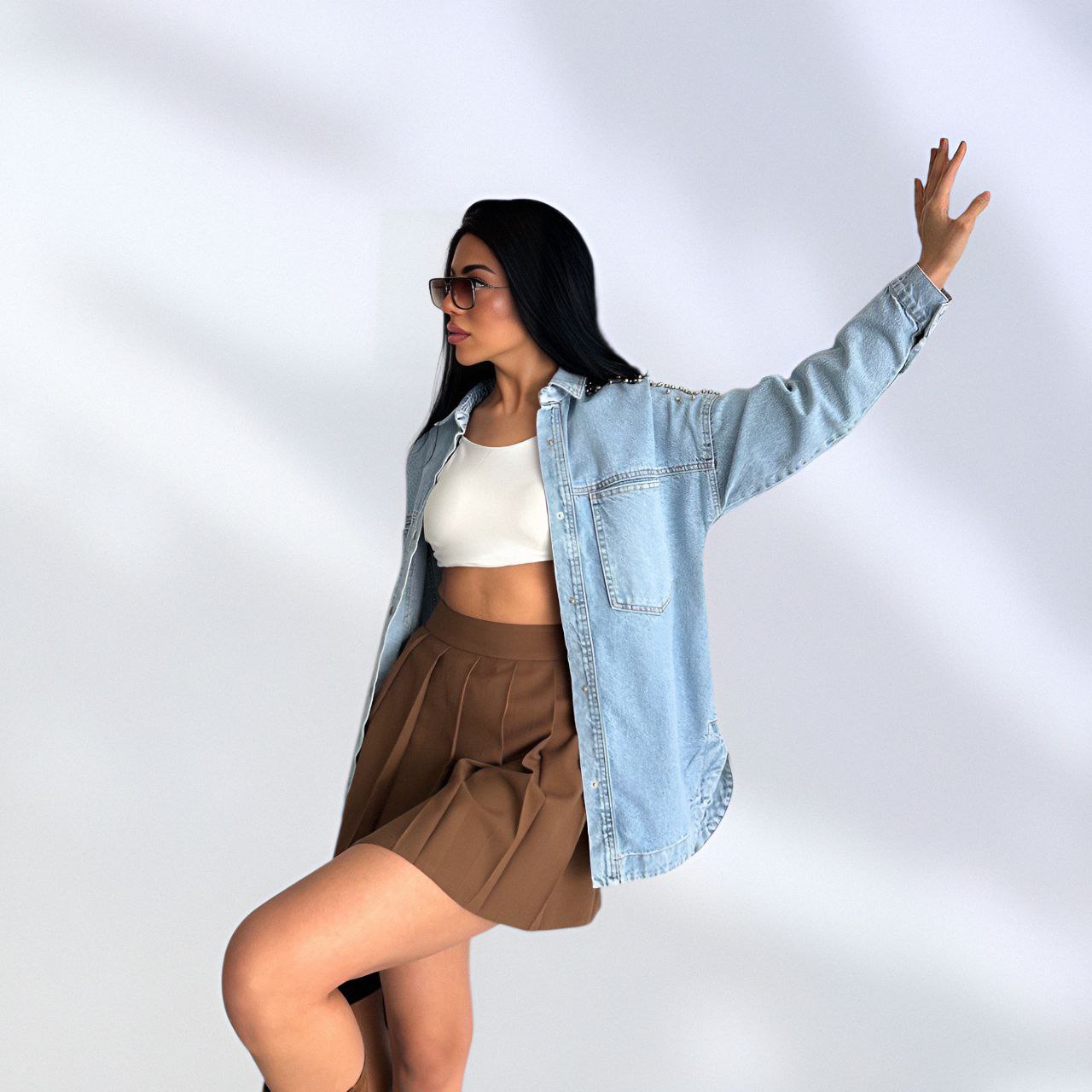 NIKOONOVA Women’s Rhinestone Denim Jacket – Oversized Crystal Embellished Jean Coat-Light Blue (CODE:1015)