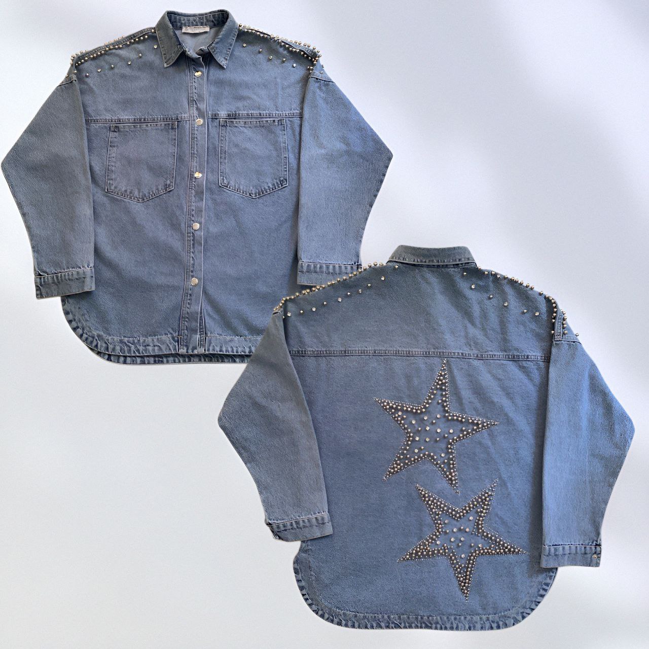 NIKOONOVA Women’s Rhinestone Denim Jacket – Oversized Crystal Embellished Jean Coat-Light Blue (CODE:1015)