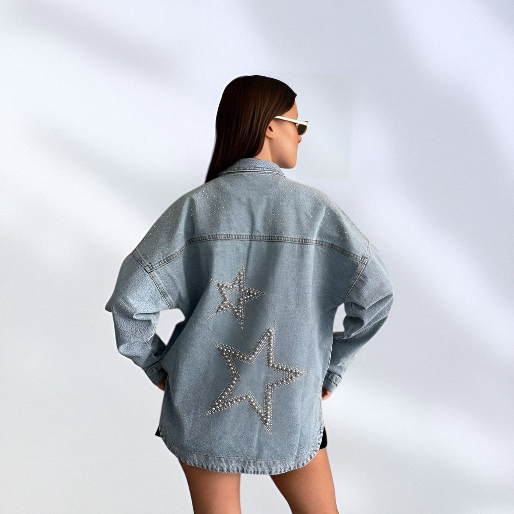 NIKOONOVA Star Rhinestone Denim Jacket ✨ Oversized Crystal Jean Coat for Women (Model 1016)