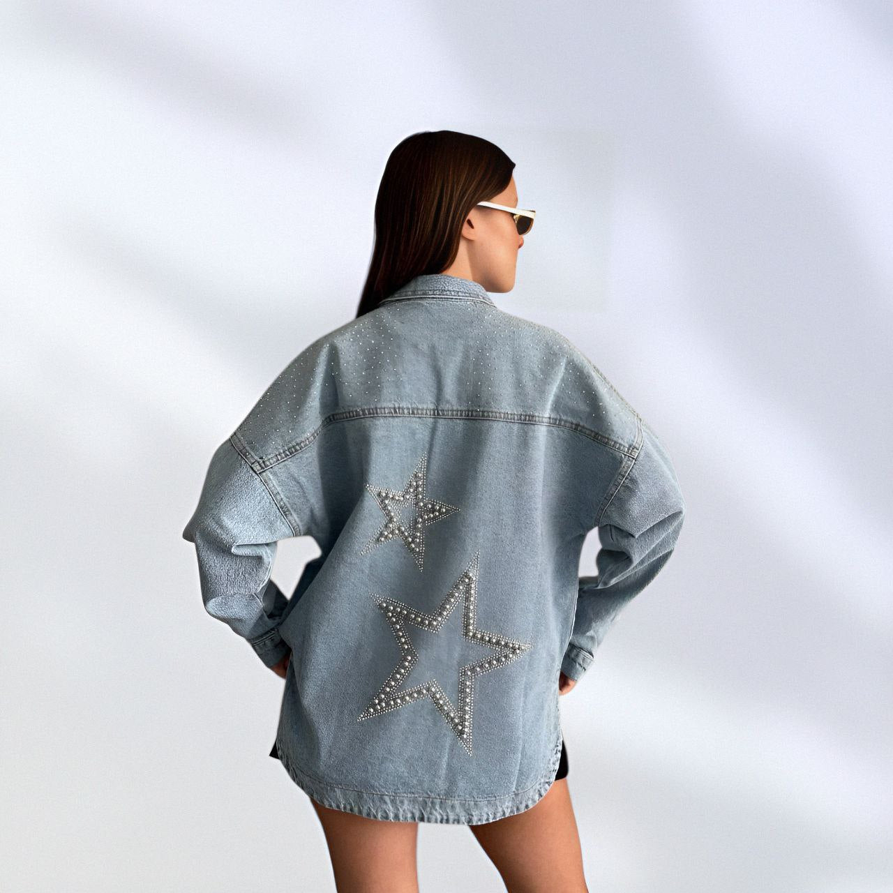 NIKOONOVA Star Rhinestone Denim Jacket ✨ Oversized Crystal Jean Coat for Women (Model 1016)