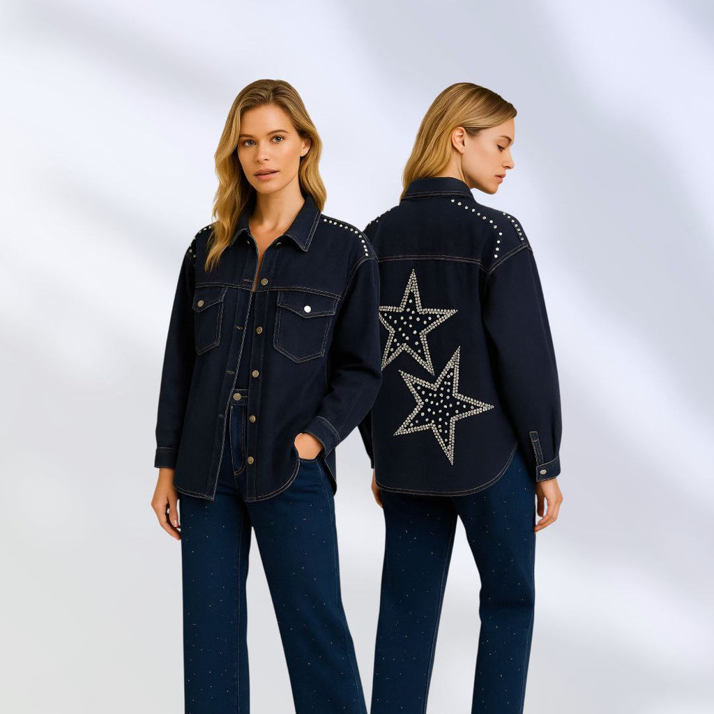 NIKOONOVA Star Rhinestone Denim Jacket – Oversized Crystal Embellished Jean Coat-Navy (code: 1015)
