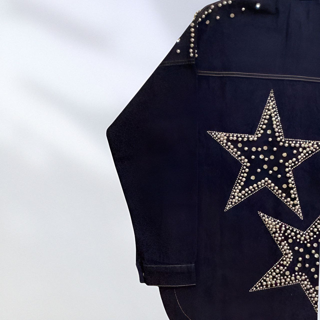 NIKOONOVA Star Rhinestone Denim Jacket – Oversized Crystal Embellished Jean Coat-Navy (code: 1015)
