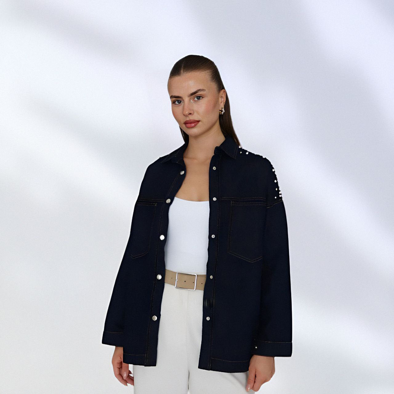 NIKOONOVA Star Rhinestone Denim Jacket – Oversized Crystal Embellished Jean Coat-Navy (code: 1015)