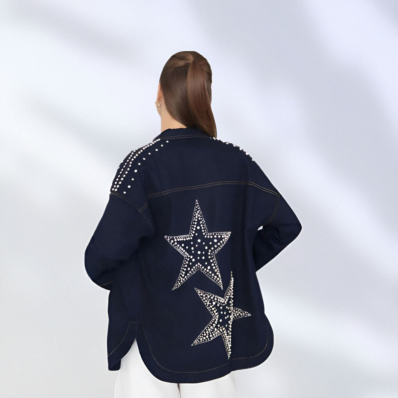 NIKOONOVA Star Rhinestone Denim Jacket – Oversized Crystal Embellished Jean Coat-Navy (code: 1015)