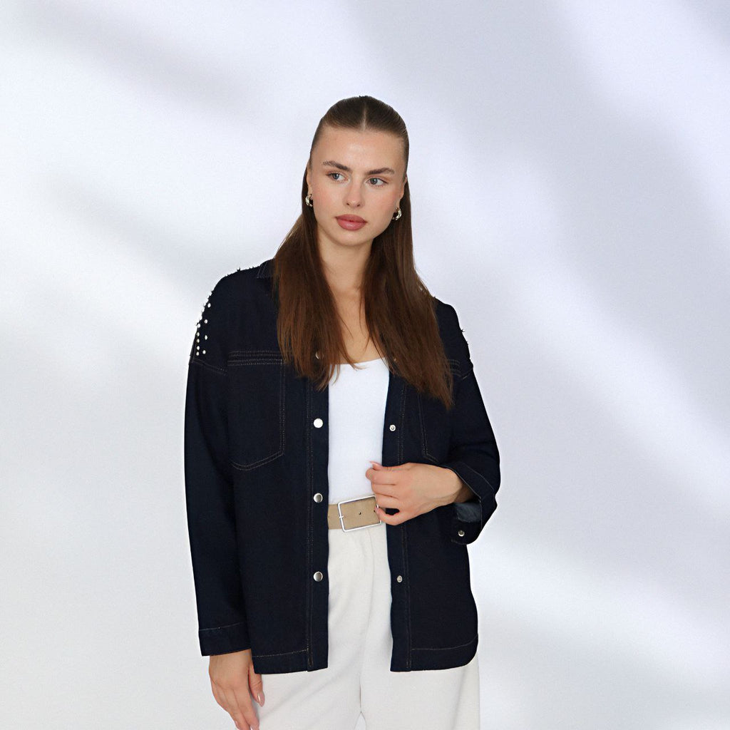NIKOONOVA Star Rhinestone Denim Jacket – Oversized Crystal Embellished Jean Coat-Navy (code: 1015)