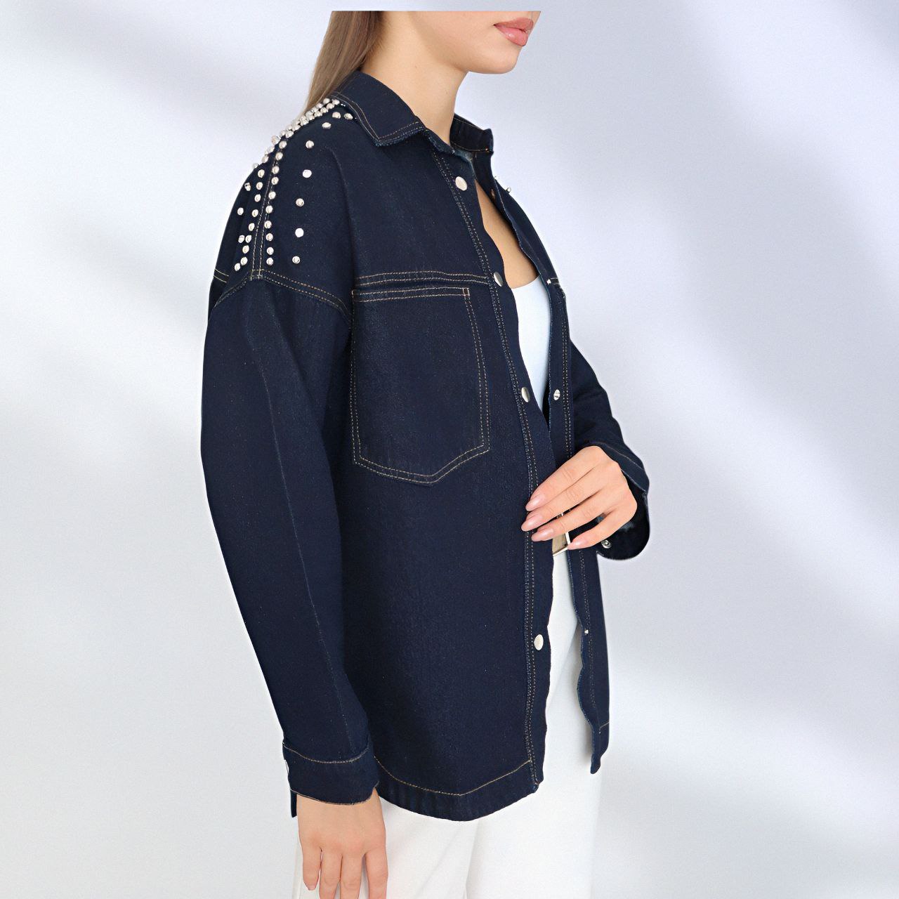NIKOONOVA Star Rhinestone Denim Jacket – Oversized Crystal Embellished Jean Coat-Navy (code: 1015)
