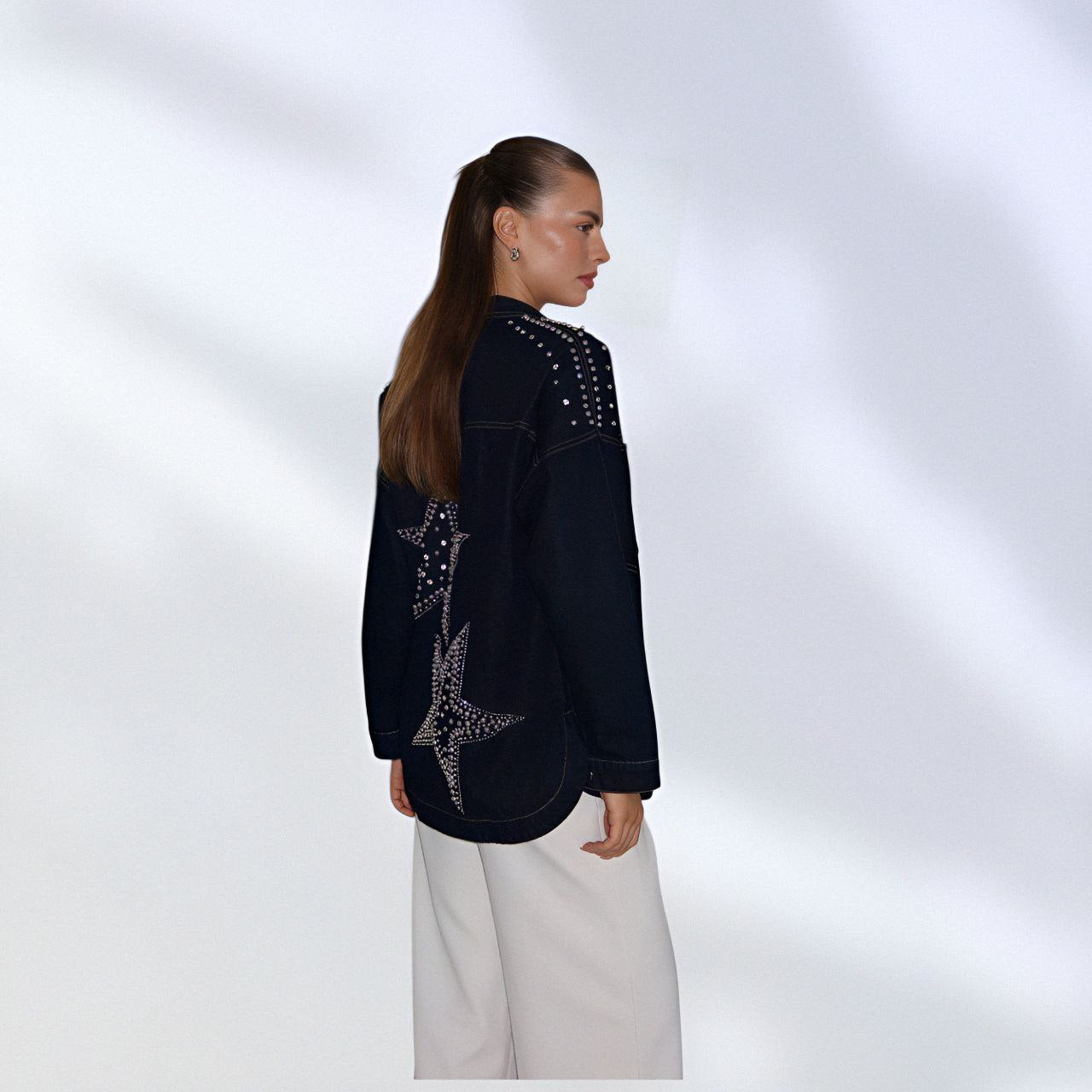 NIKOONOVA Star Rhinestone Denim Jacket – Oversized Crystal Embellished Jean Coat-Navy (code: 1015)