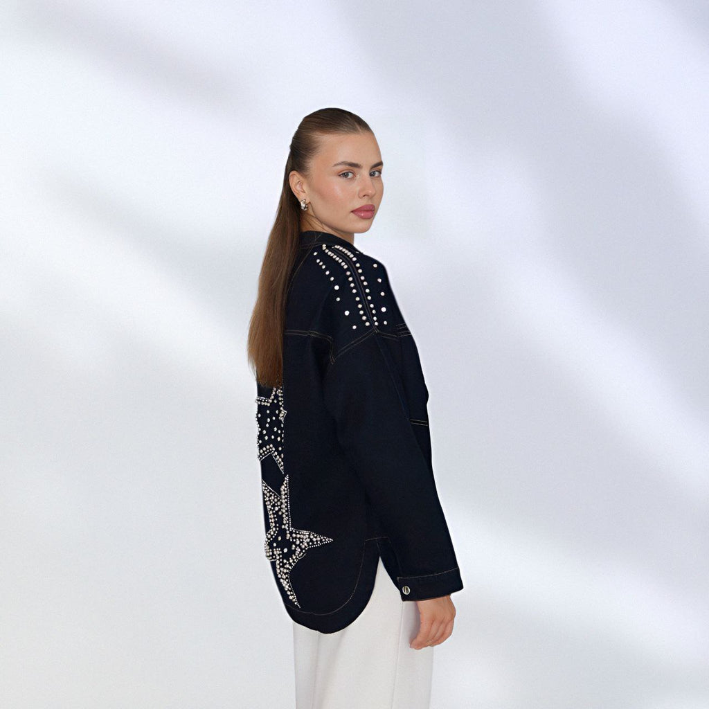 NIKOONOVA Star Rhinestone Denim Jacket – Oversized Crystal Embellished Jean Coat-Navy (code: 1015)