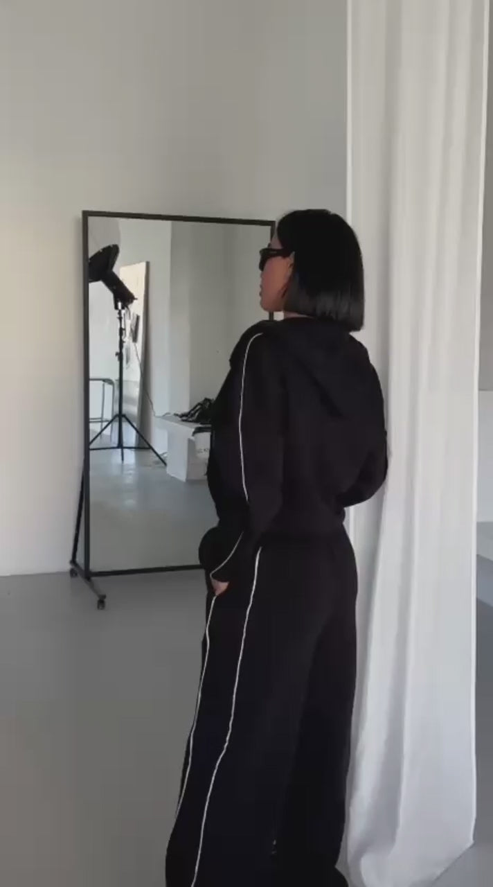 NIKOONOVA Women's Zip-Up Hoodie Tracksuit Set- CODE:5023- Soft Cotton Loungewear in Black & Charcoal Grey