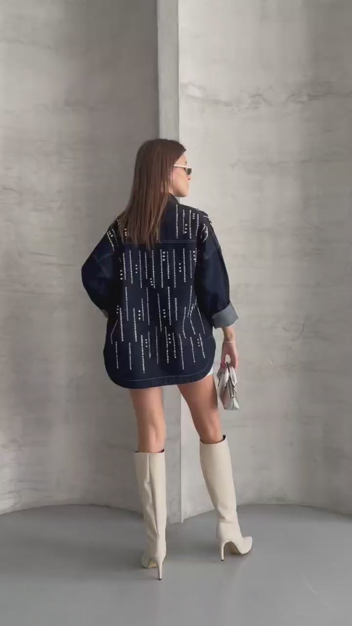 NIKOONOVA Women’s Rhinestone Denim Jacket – Oversized Crystal Embellished Jean Coat ( CODE:1017)