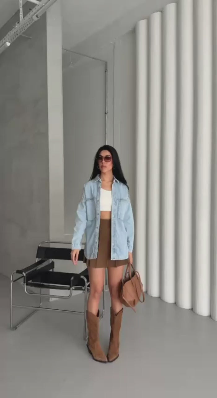 NIKOONOVA Women’s Rhinestone Denim Jacket – Oversized Crystal Embellished Jean Coat-Light Blue (CODE:1015)