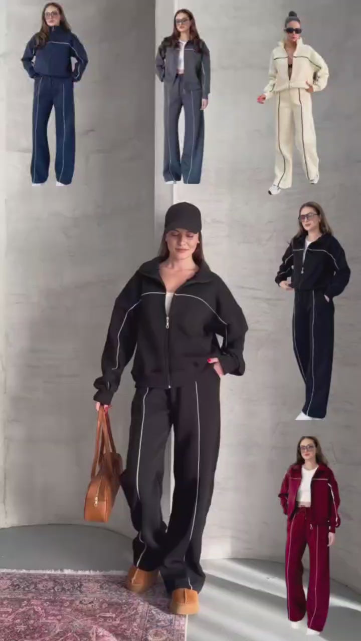 NIKOONOVA Women’s Colour Line Zip Tracksuit -CODE 5021- Premium Cotton Stretch Co-ord Set.