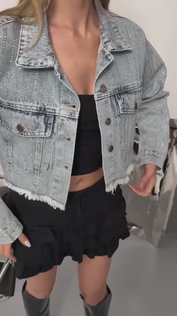 NIKOONOVA Women’s Rhinestone Cropped Denim Jacket – Sparkly Light Blue Long Sleeve Coat CODE 1019